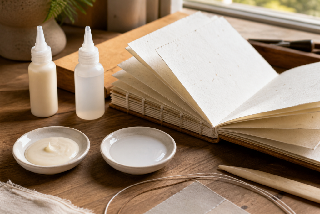 Open handgebonden boek met dikke blanco pagina’s, lijmflesjes en schaaltjes op een houten werktafel.
