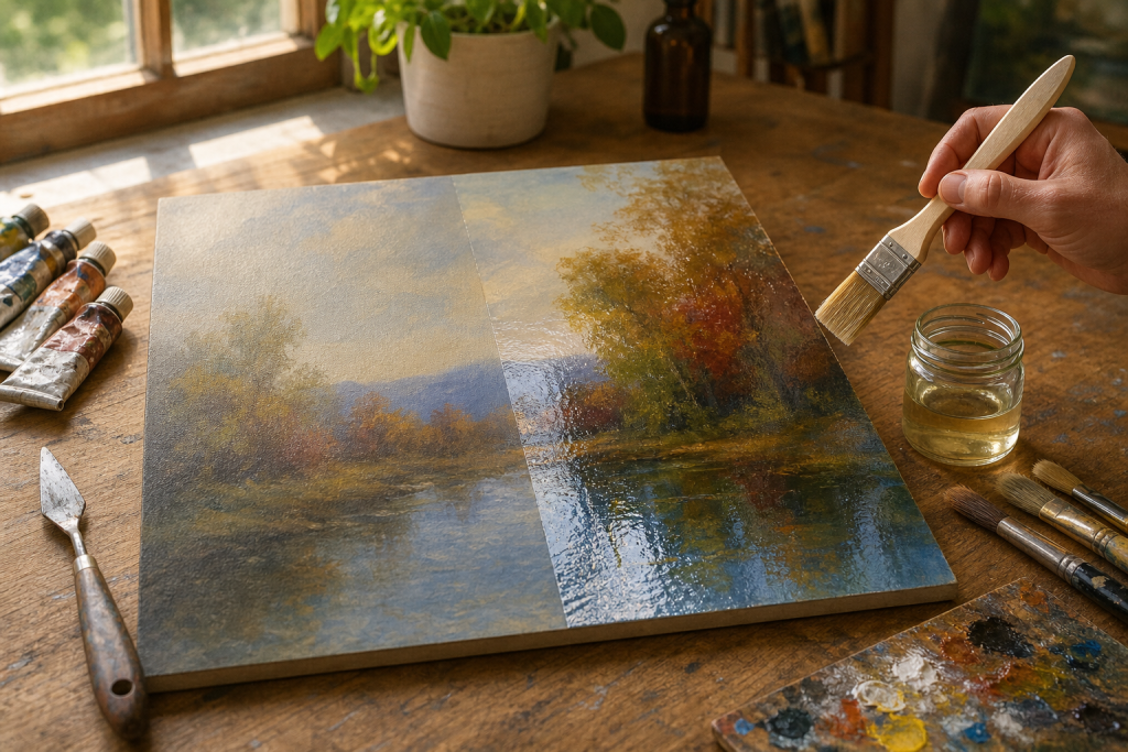 Hand brengt met een brede kwast vernis aan op een landschapschilderij op een houten tafel bij een raam.