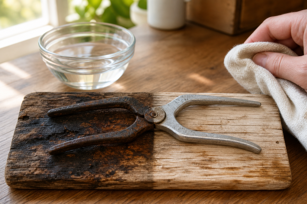 Roestige tang op een houten plank, deels schoongemaakt met een doek naast een kom water.