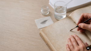 Hand brengt met een fijn penseel een transparant stukje reparatiepapier aan op een vergeelde pagina van een oud boek; ernaast staan een glazen beker met vloeistof, een roerstaaf en een proefstuk papier.
