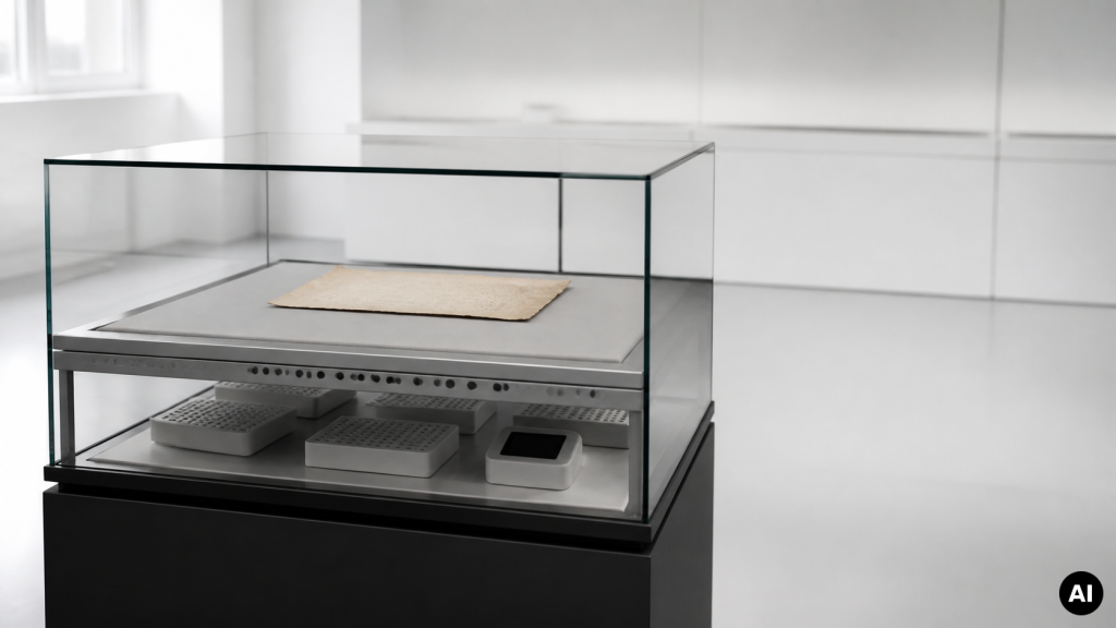 Glazen museumvitrine met een vel papier op het tentoonstellingsvlak, geventileerde cassettes in het onderste compartiment en een digitale vochtmeter.