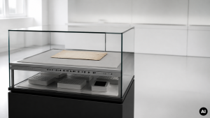 Glazen museumvitrine met een vel papier op het tentoonstellingsvlak, geventileerde cassettes in het onderste compartiment en een digitale vochtmeter.
