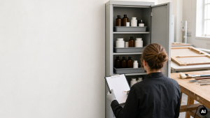 Medewerker met handschoenen en klembord controleert flessen en potten in een open metalen chemicaliënkast naast een werktafel.