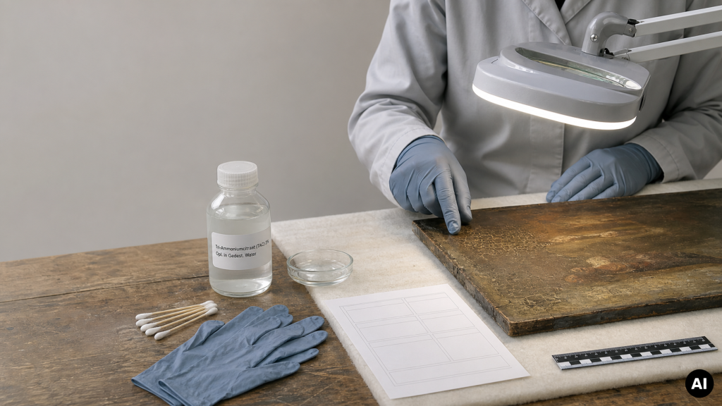 Restaurator met blauwe handschoenen onderzoekt onder een loeplamp een verweerd schilderij; naast het werk liggen een fles TAC 3%-oplossing, wattenstaafjes, een documentatieformulier en een meetschaal.