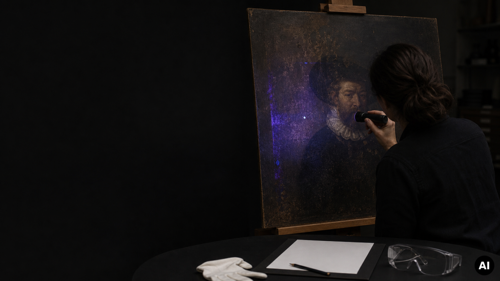 Restaurator schijnt met een UV-lamp op een donker portretschilderij op een ezel; op tafel liggen handschoenen, een notitieblok en veiligheidsbril.