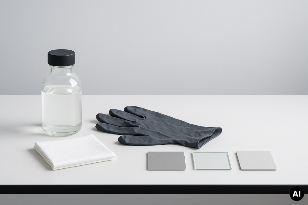 Ongelabelde glazen fles met heldere vloeistof, zwarte handschoenen, witte doek en drie materiaalstalen op een werktafel.