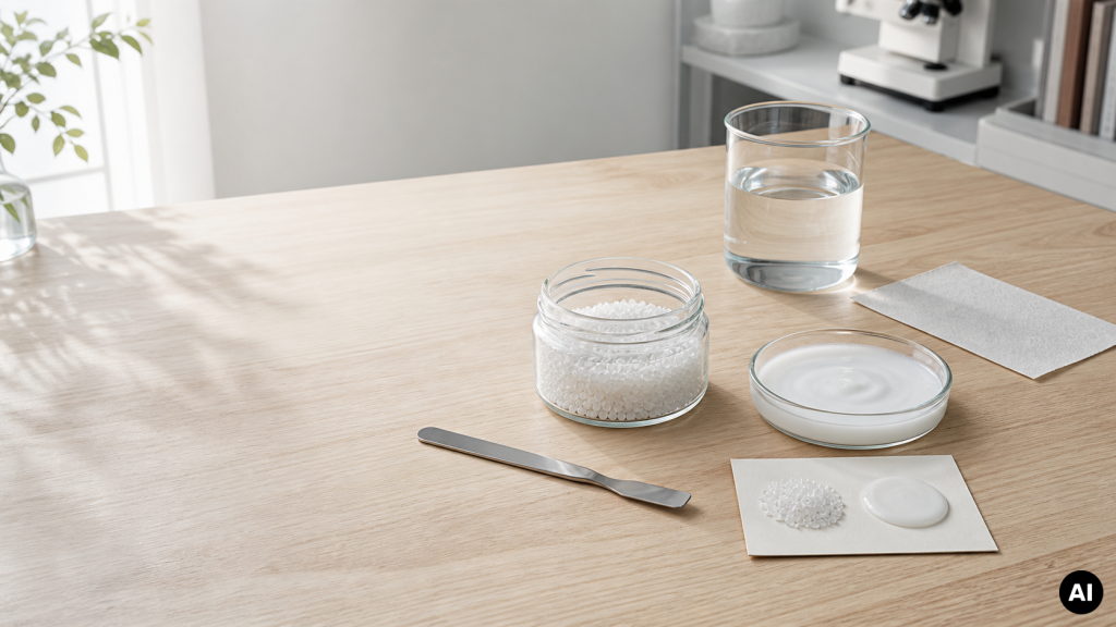 Glazen pot met witte polyvinylalcoholkorrels, schaaltje met witte oplossing, glas water en spatel op een houten werktafel.