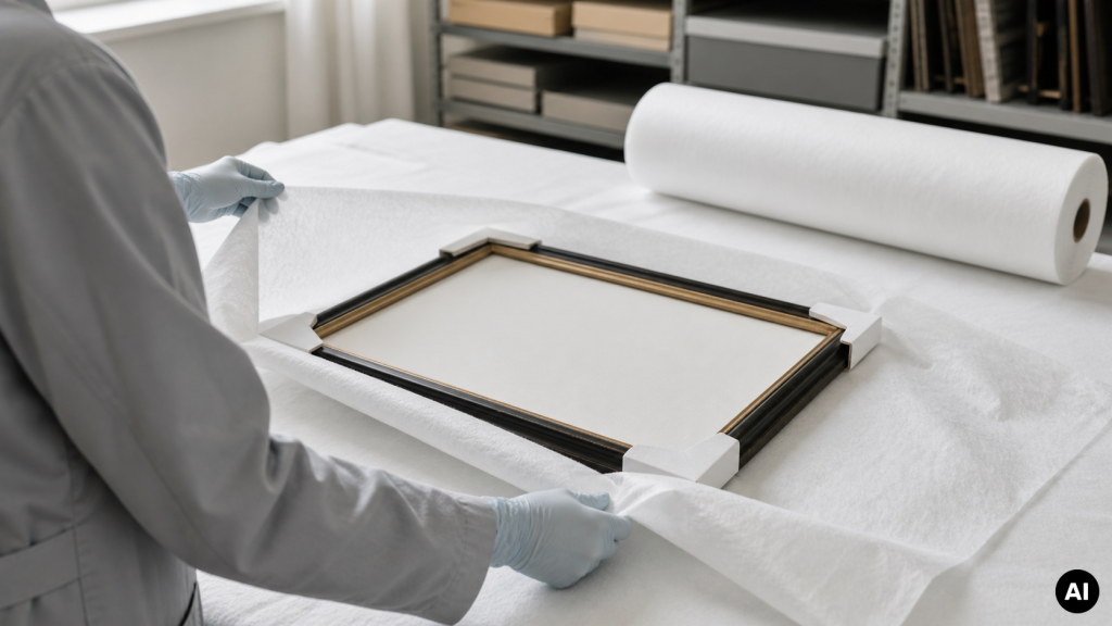Medewerker met handschoenen vouwt een witte Tyvek-laag rond de achterzijde van een ingelijst schilderij met hoekbeschermers.